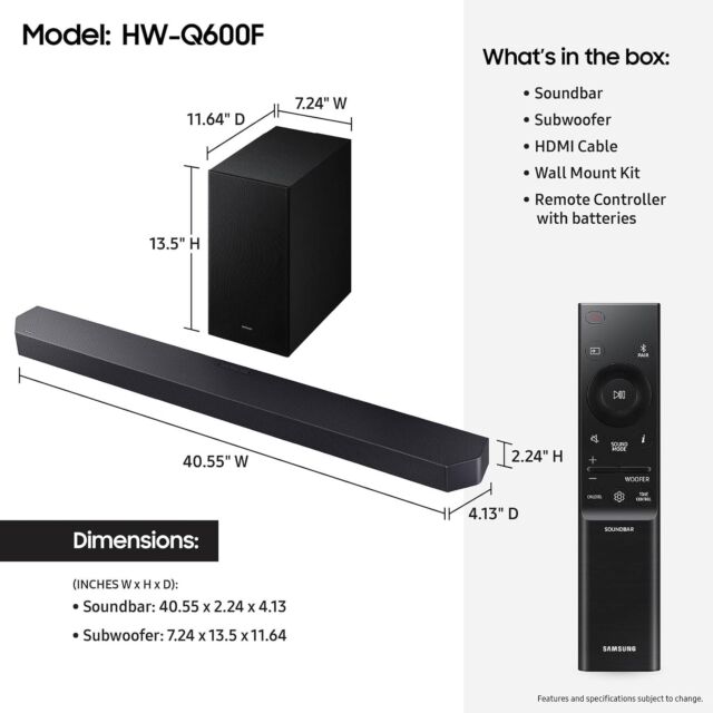 Samsung HW-Q600F 3.1.2ch Q-Series Soundbar with Subwoofer, Dolby Atmos